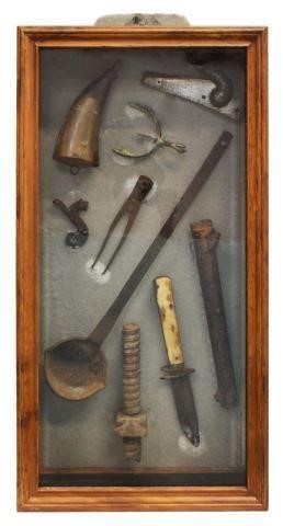 Appraisal: Framed shadow box displaying Old West items including French percussion