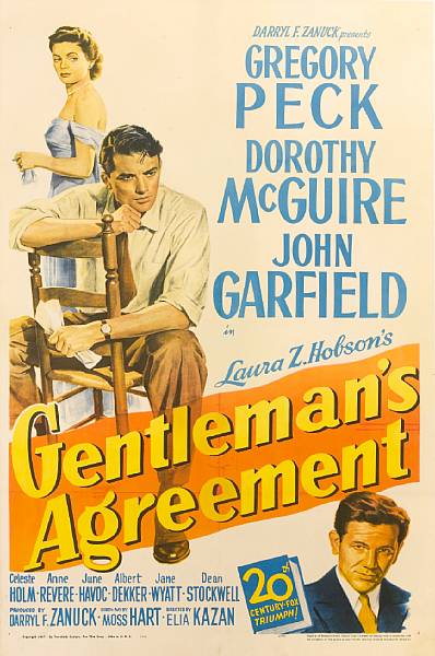 Appraisal: Gentleman's Agreement th Century Fox one-sheet condition C linen-backed x