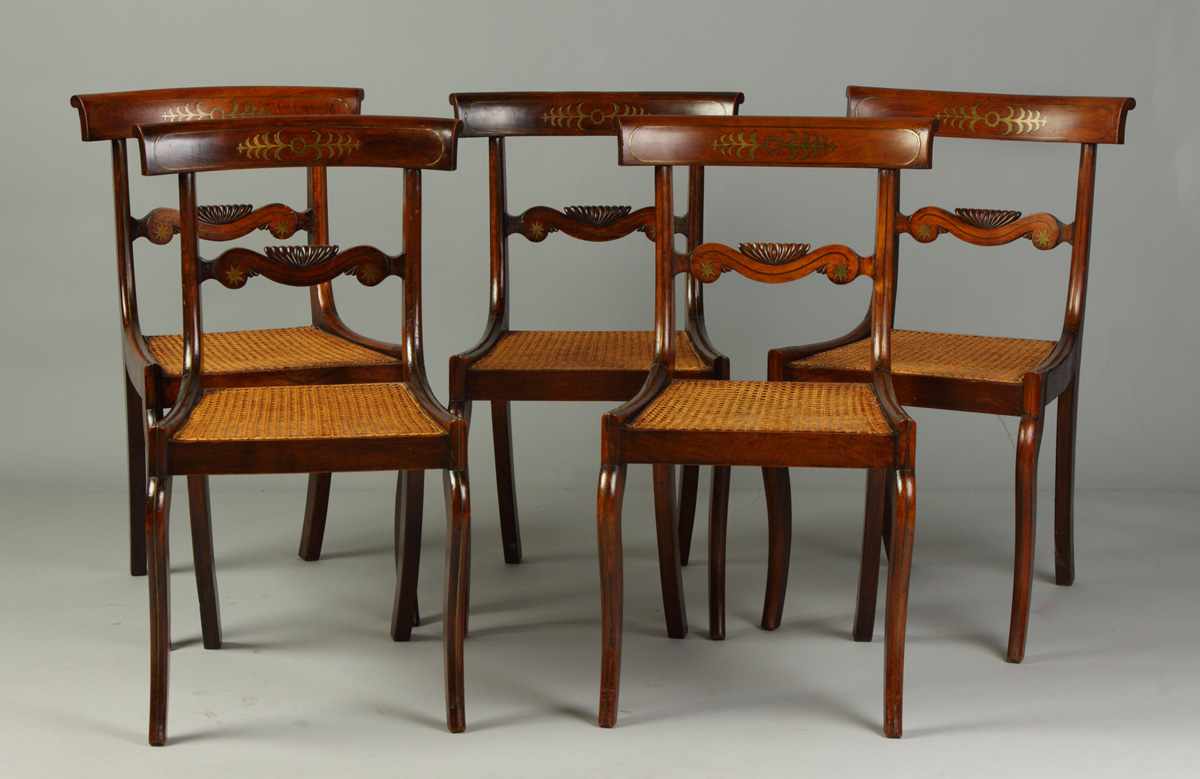 Appraisal: Set of Grain Painted Brass Inlaid Maple Chairs Cane seats