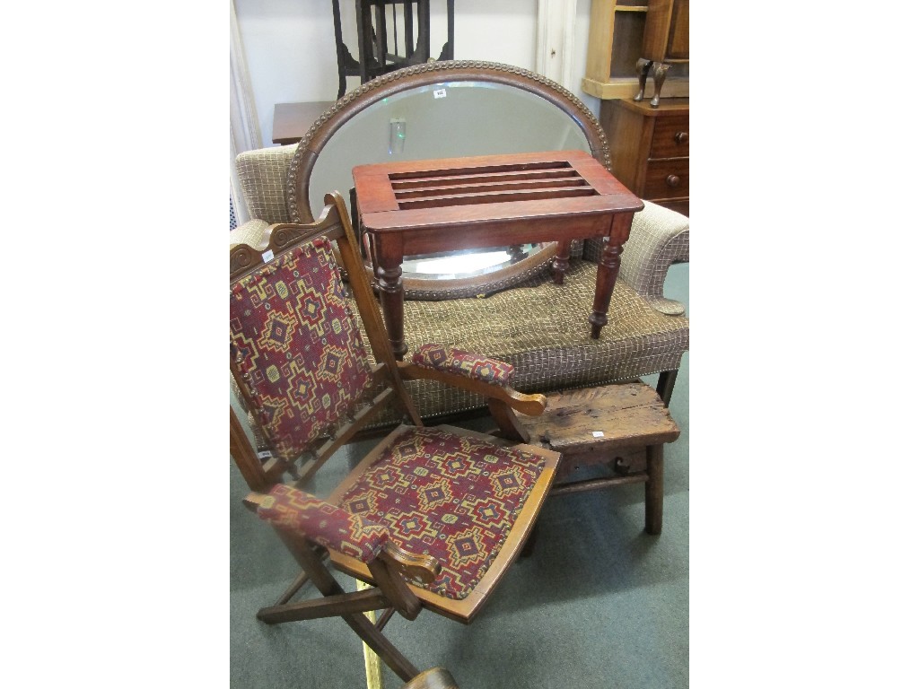 Appraisal: Oak framed wall mirror folding chair stool and luggage stand