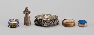 Appraisal: Five Dresser Boxes Needlecase th century needlecase silver or silver