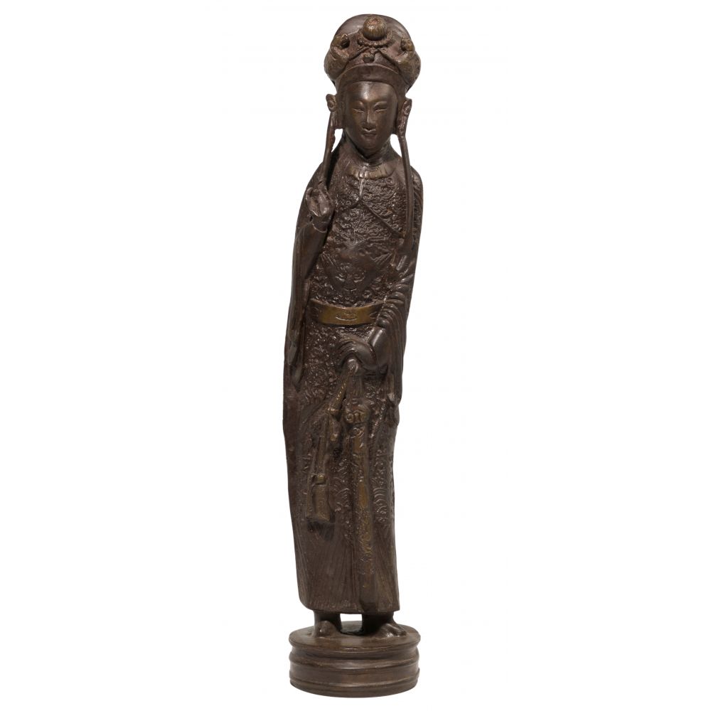 Appraisal: CHINESE COPPER ALLOY GUANYIN STATUEUnmarked on a circular integral base