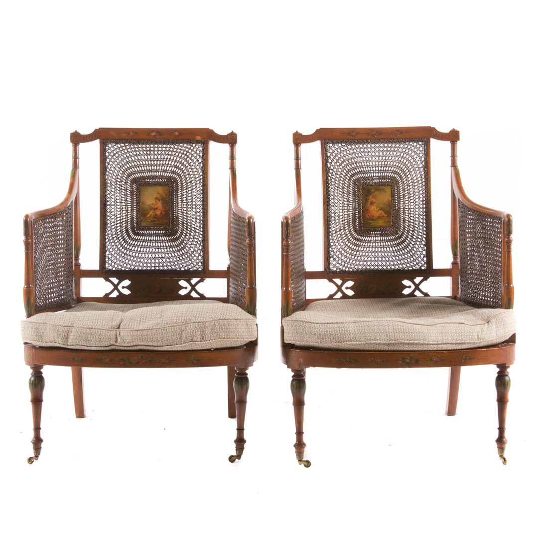 Appraisal: Pair of Edwardian painted stainwood armchairs early th century flat