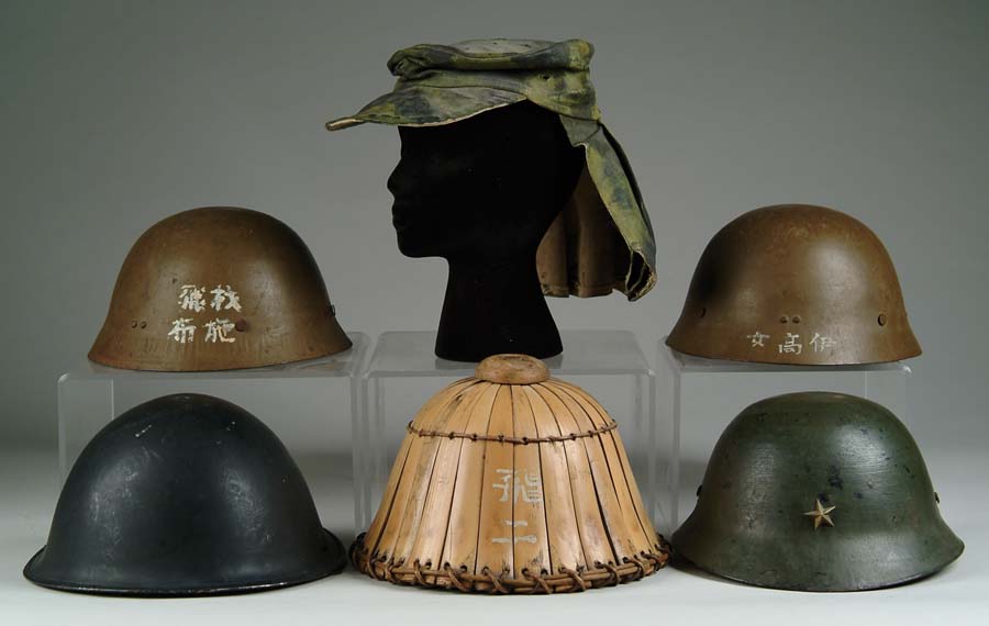 Appraisal: LOT OF SIX ORIENTAL HEADGEAR Japanese WWII helmets w Kanji