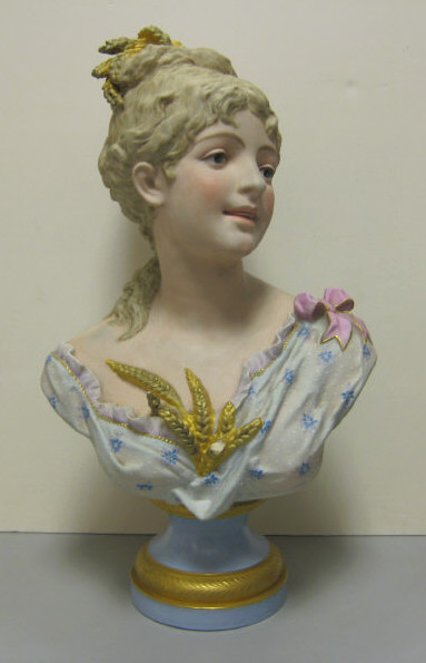 Appraisal: FRENCH BISQUE PORCELAIN FEMALE BUST Polychrome enamel and gilt decorated