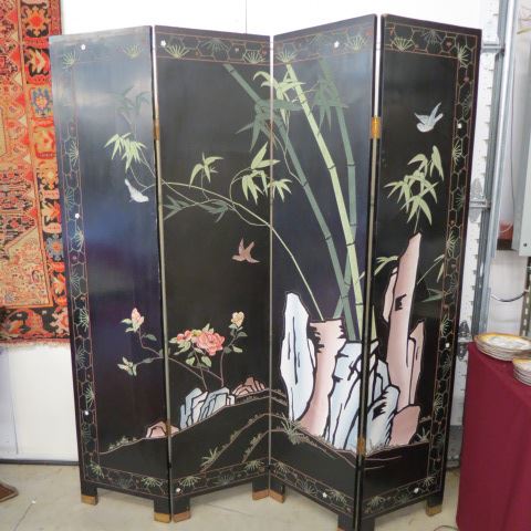 Appraisal: Japanese Lacquerware Screen four panel landscapes with birds and foliage