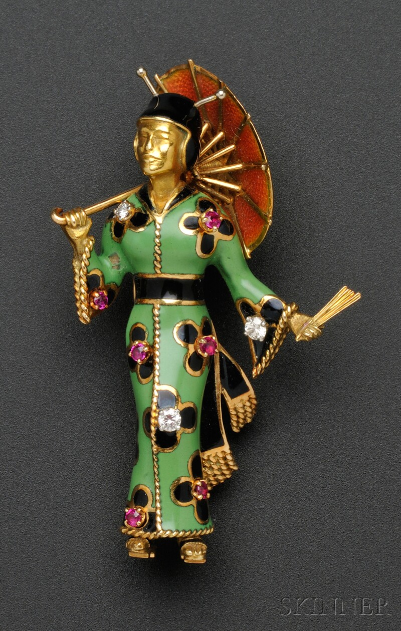 Appraisal: kt Gold Enamel and Gem-set Figural Brooch Retailed by Fasano