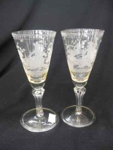 Appraisal: Pair of Early Glass Goblets horse rider engraved design ''