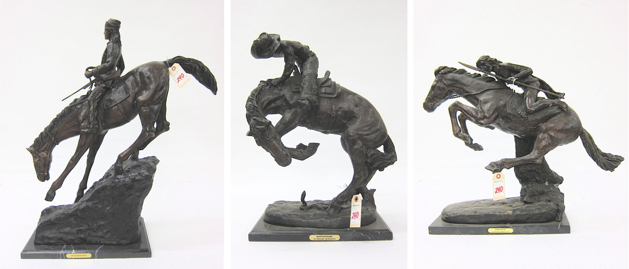 Appraisal: THREE WESTERN BRONZE HORSE AND RIDER SCULPTURES all after the