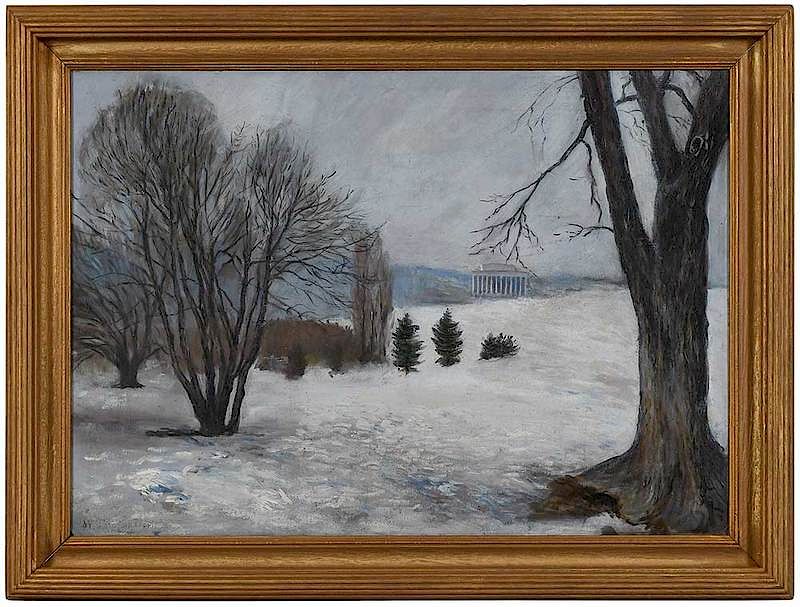 Appraisal: American School Snow Scene at the Lincoln Memorial illegibly signed