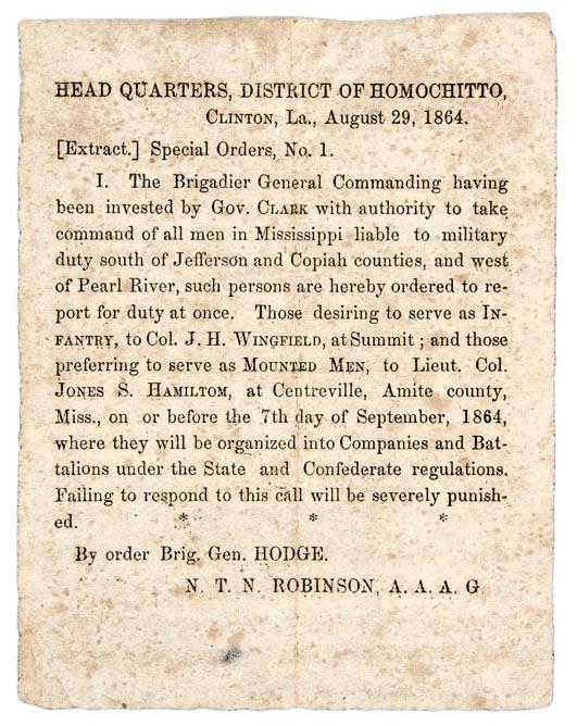 Appraisal: LOUISIANA - George Baird HODGE Head Quarters District of Homochitto