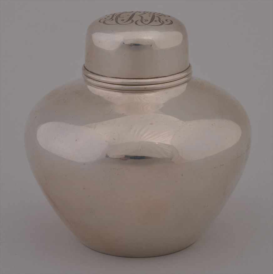 Appraisal: TIFFANY CO MONOGRAMMED STERLING SILVER SQUAT OVOID TEA CADDY AND