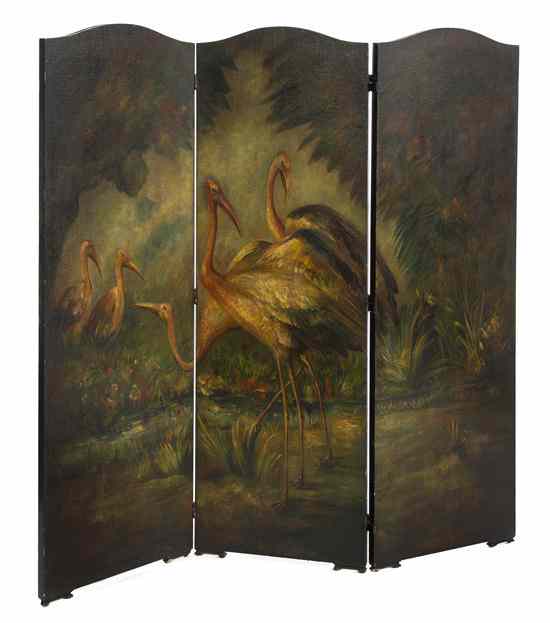 Appraisal: A Continental Painted Canvas Three-Panel Floor Screen each panel of