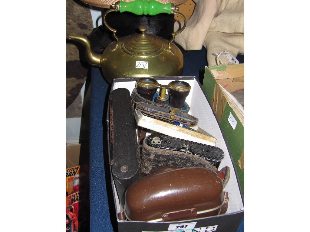 Appraisal: Lot comprising brass kettle and a box of cameras binoculars