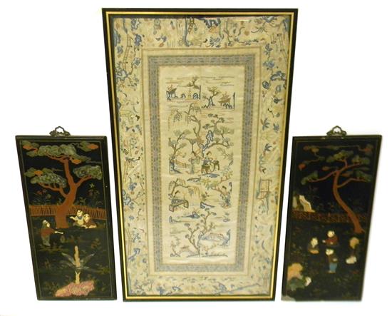 Appraisal: ASIAN c Chinese decorative wall hangings three pieces vertical silk