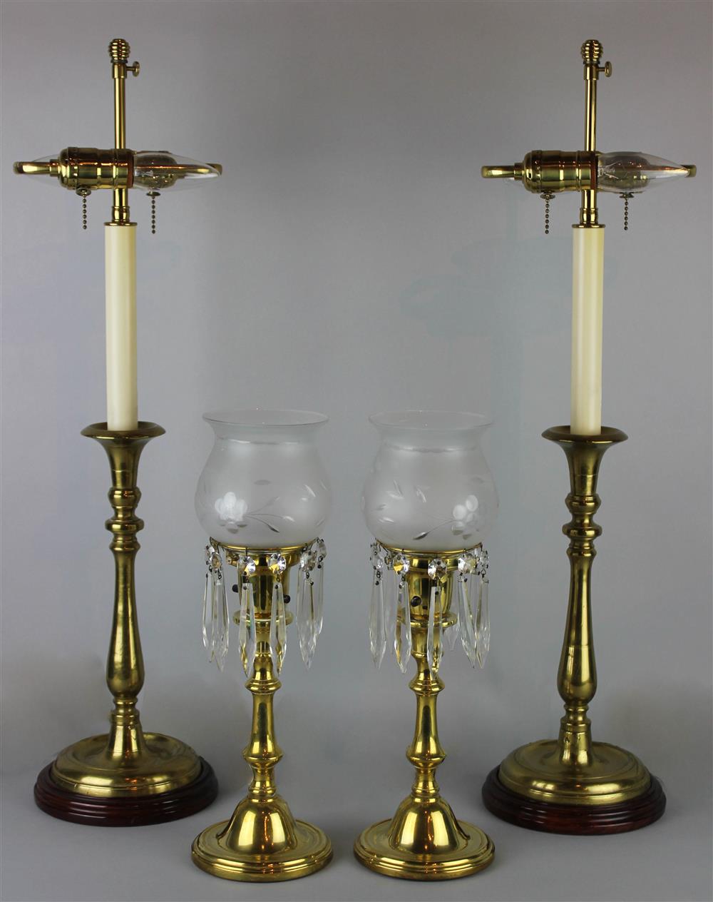 Appraisal: TWO PAIRS OF BRASS CANDLESTICK TABLE LAMPS including a tall