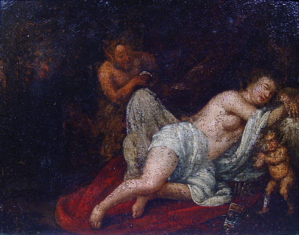 Appraisal: Antique oil onto board of a satyr cherub and nude