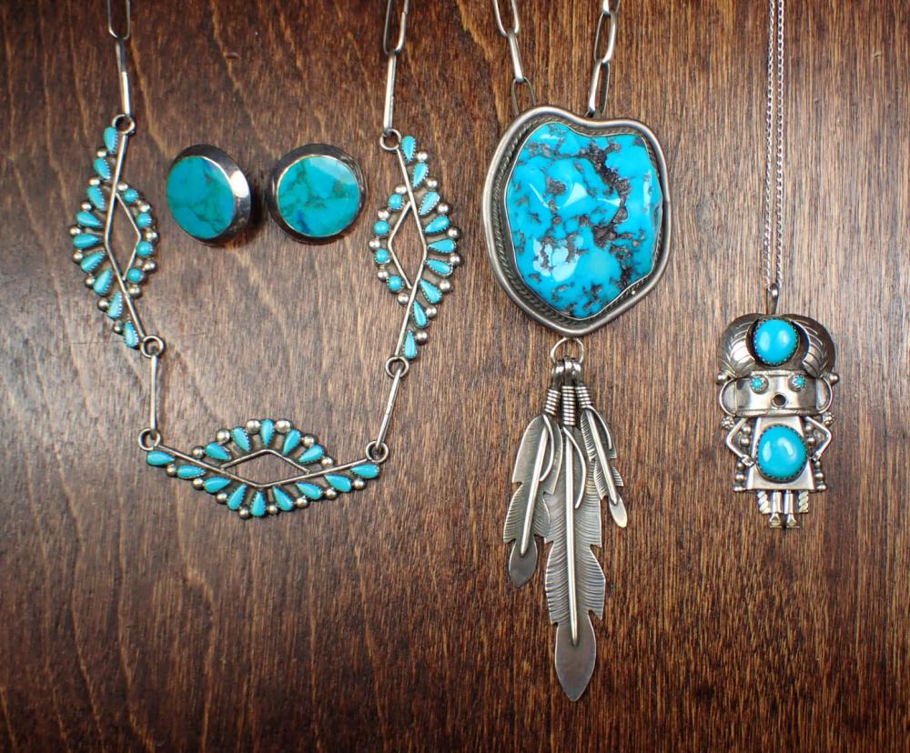 Appraisal: FIVE ARTICLES SOUTHWEST TURQUOISE SILVER JEWELRY Zuni design petit point