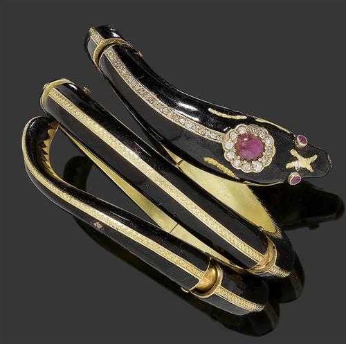 Appraisal: ENAMEL RUBY AND DIAMOND BRACELET ca Yellow gold g Stylish