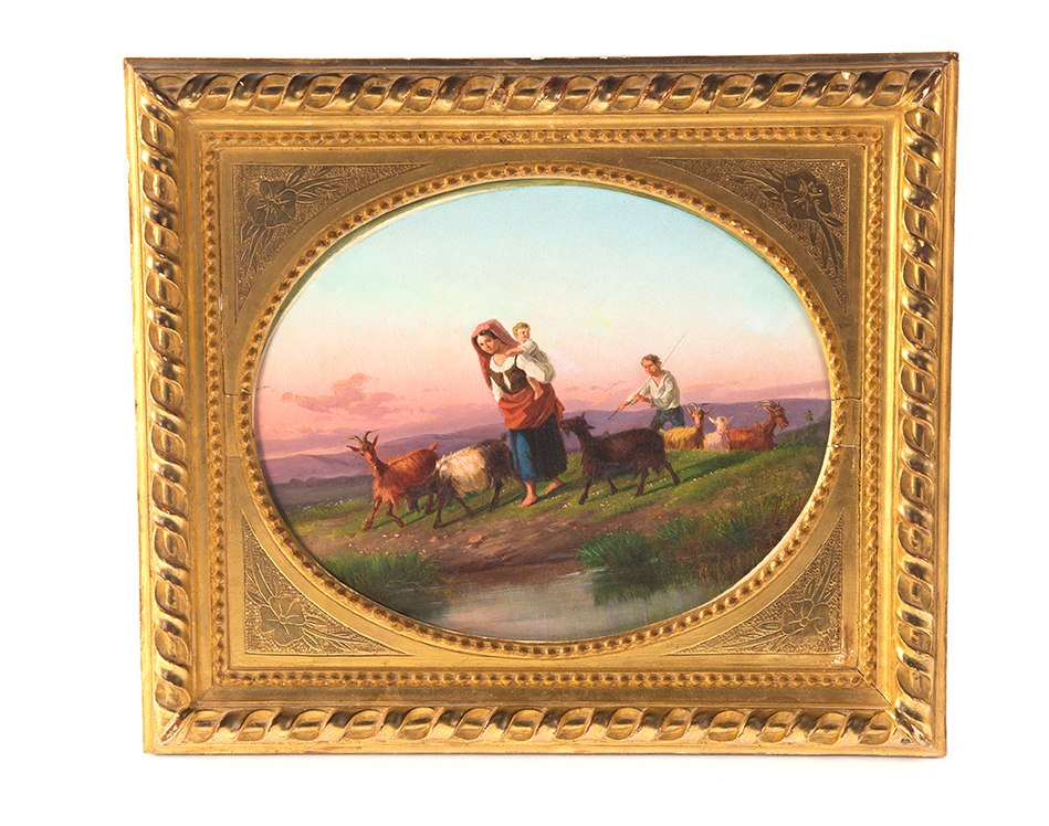 Appraisal: OVAL OIL PAINTING OF A FAMILY HERDING GOATS European mid