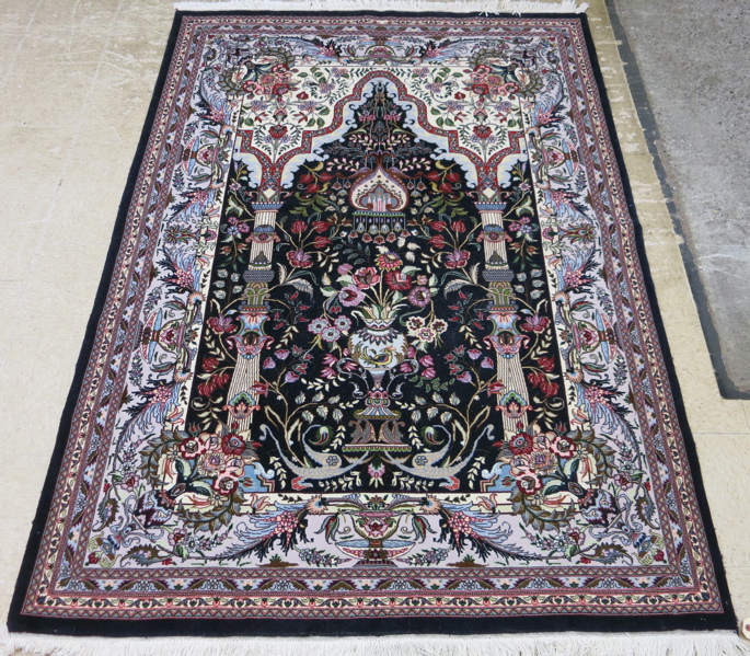 Appraisal: HAND KNOTTED PERSIAN PRAYER RUG featuring a double-pillar prayer mihrab