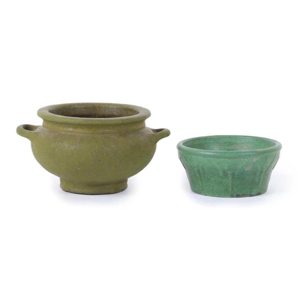 Appraisal: TWO MATTE GREEN GLAZED ARTS CRAFTS POTTERY BOWLS SMALL PEWABIC