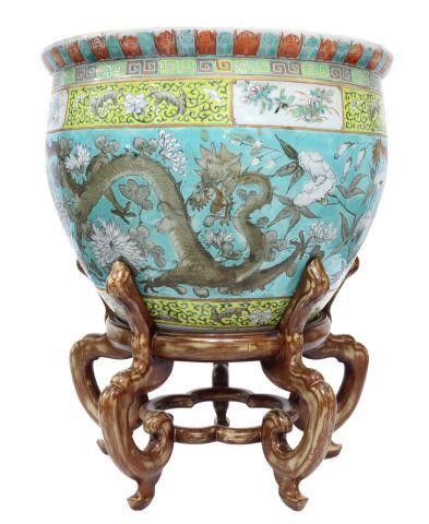 Appraisal: Chinese porcelain fishbowl with Greek key border alternating reserves of