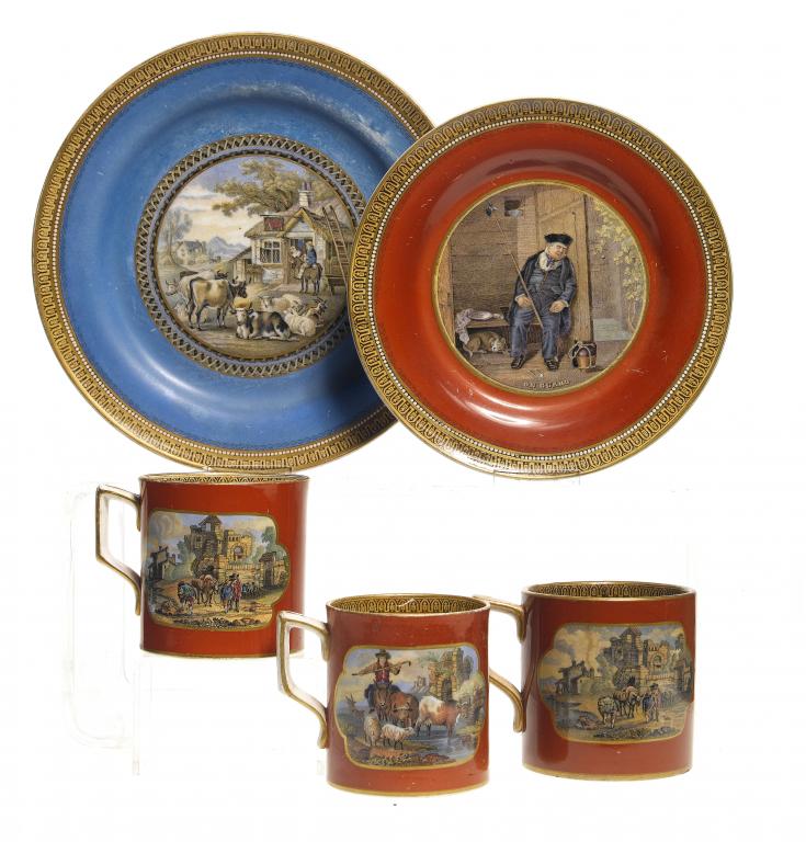 Appraisal: THREE F R PRATT MUGS AND TWO PLATES with scenes