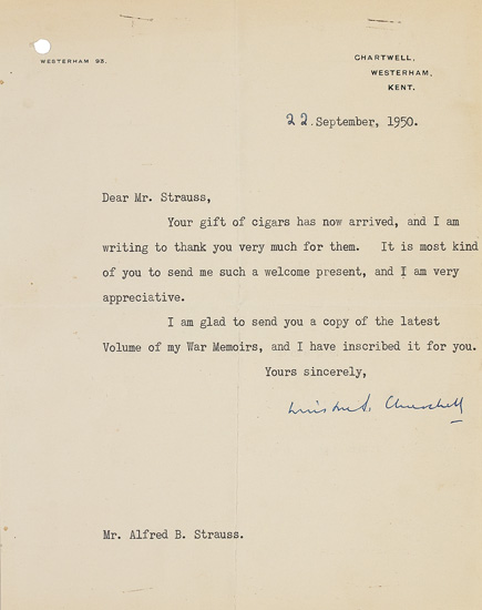 Appraisal: CIGARS ARE ALWAYS WELCOME CHURCHILL WINSTON S Typed Letter Signed