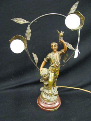 Appraisal: French Bronzed figural Lamp boy with bird basket Art Nouveau