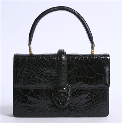 Appraisal: Small black alligator purse Front-flap and structured top-handle embossed Made