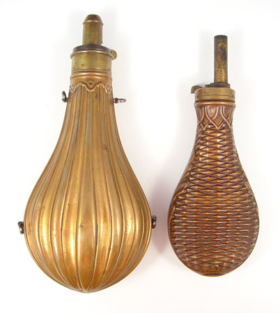 Appraisal: 'S BRASS POWDER FLASKS To include Amflask Cap Co with