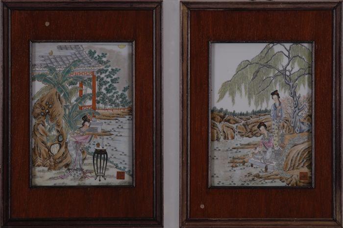 Appraisal: PAIR OF FAMILLE ROSE PORCELAIN PLAQUES Stained wood frames x