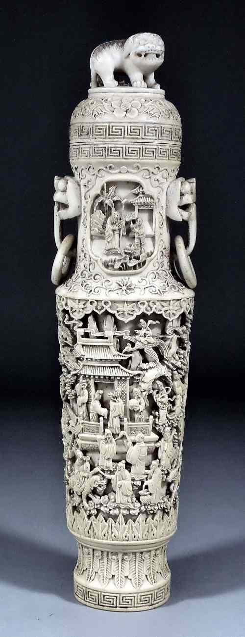 Appraisal: A Chinese ivory two-handled vase and cover carved with Shoulao