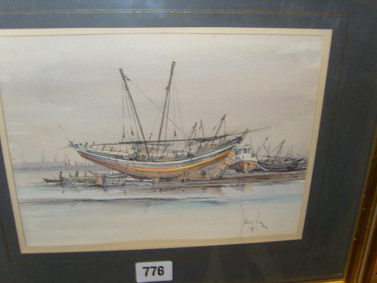 Appraisal: A watercolour of a boat building yard at Jeddah by