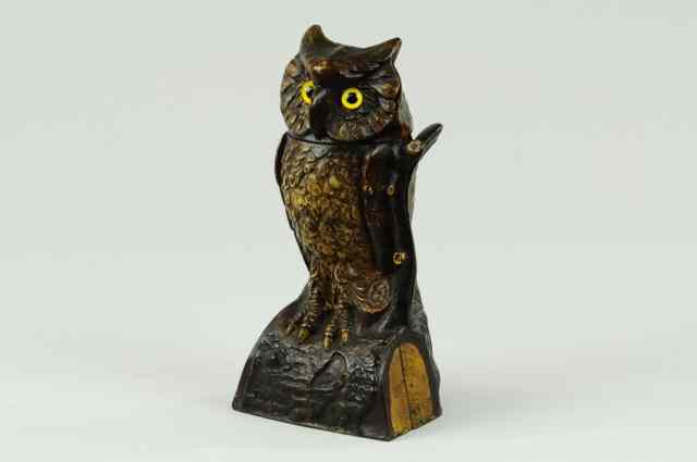 Appraisal: OWL TURNS HEAD MECHANICAL BANK Brown color J E Stevens