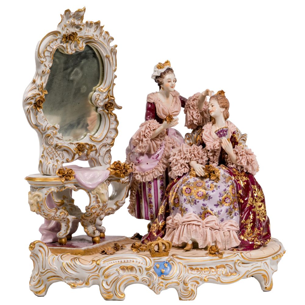 Appraisal: AELTESTE VOLKSTEDTER PORCELAIN FIGURAL GROUPINGRococo style lace porcelain having an