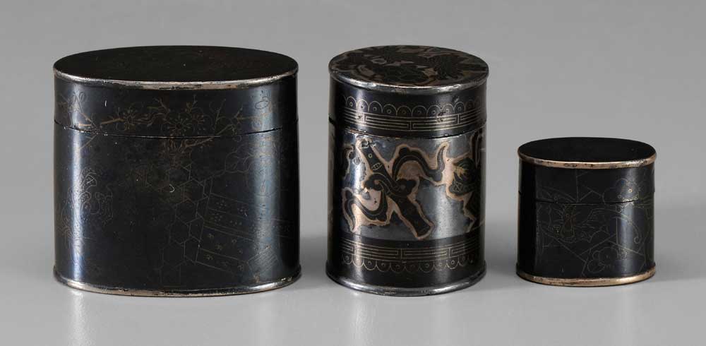 Appraisal: Three Copper Boxes Chinese th or th century niello-type decoration