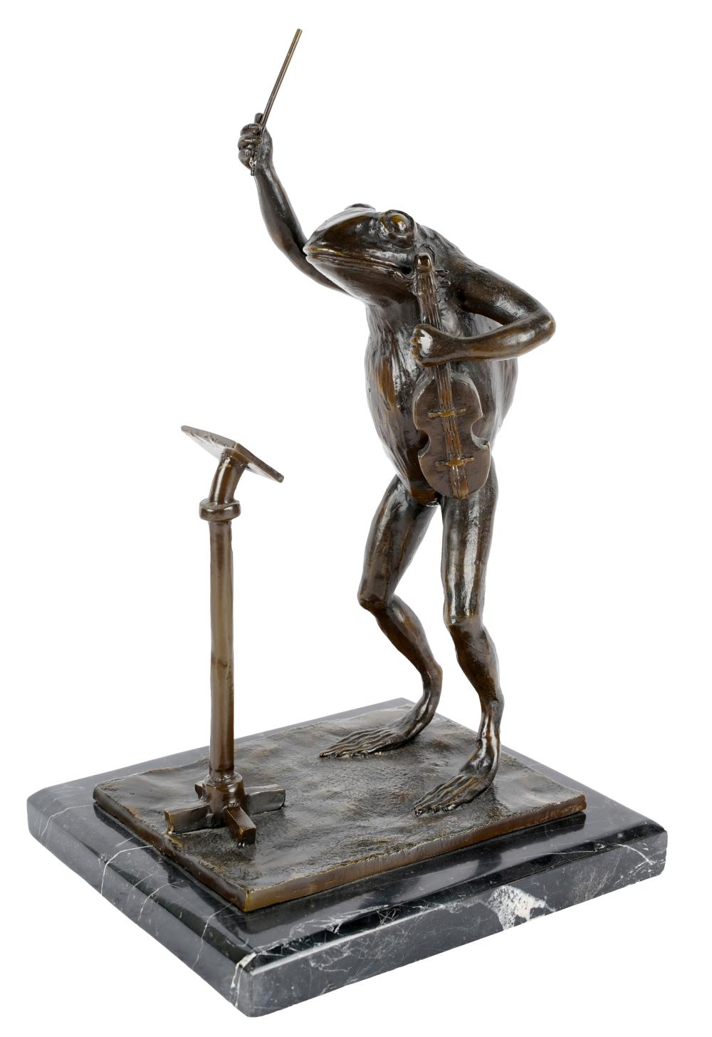 Appraisal: GILT METAL FIGURE OF A FROG MUSICIANmounted to marble base