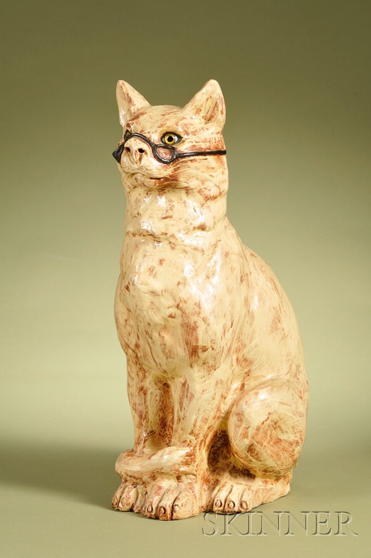 Appraisal: Glazed Terracotta Figure of a Bespectacled Cat France th century