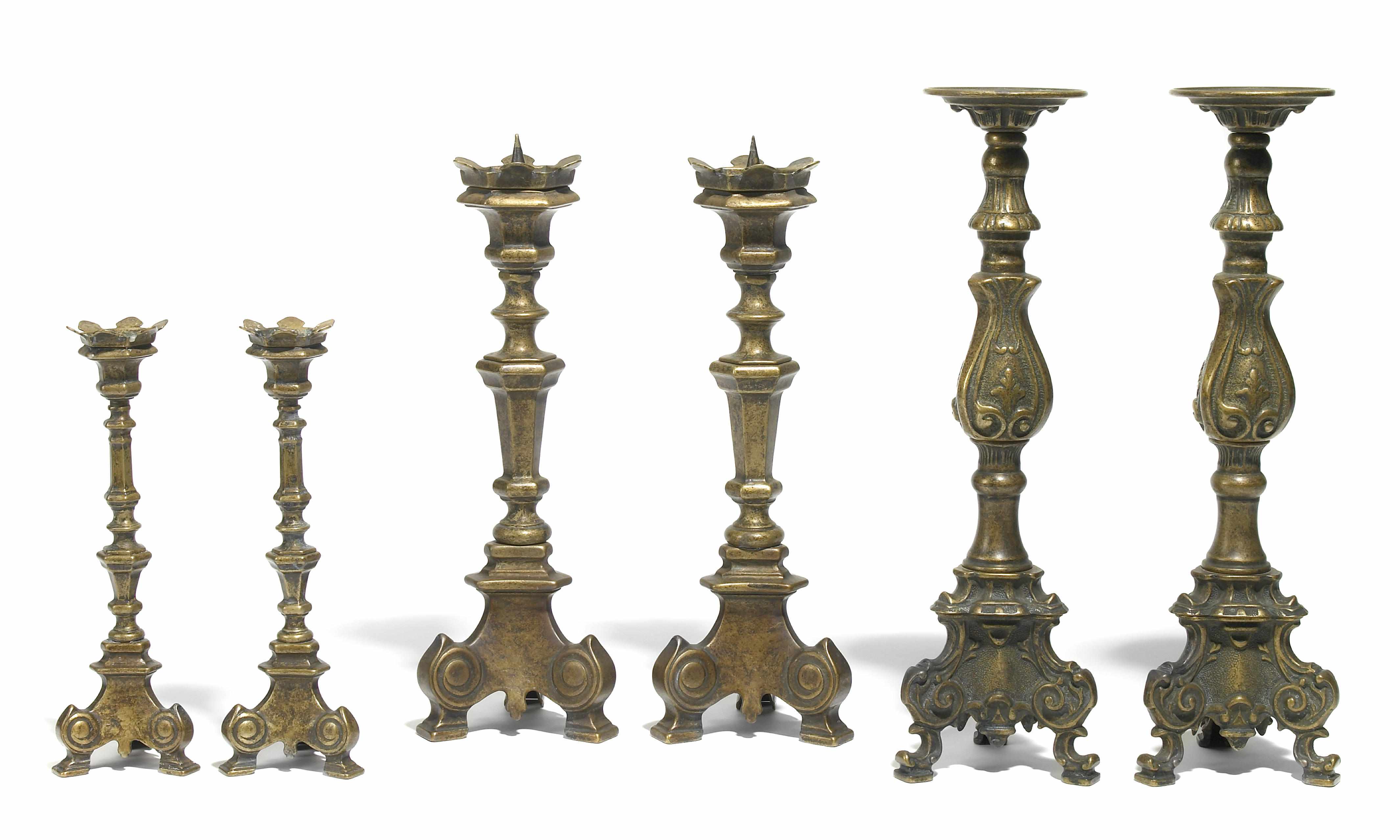 Appraisal: Three pairs of Italian Baroque style brass prickets height of