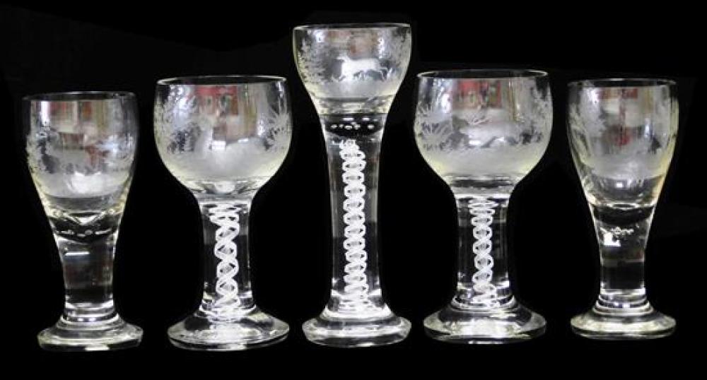 Appraisal: GLASS Five oversized copper-wheel engraved glass goblets all depicting a