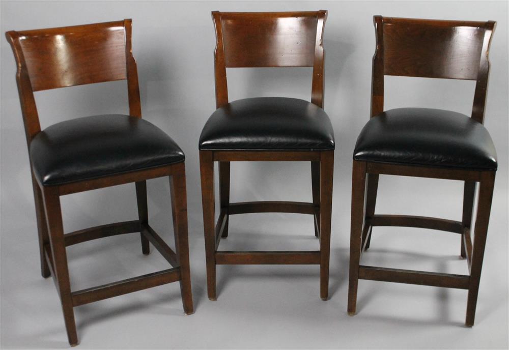 Appraisal: THREE LORTS FURNITURE HIGH BACKED BAR STOOLS WITH BLACK LEATHER