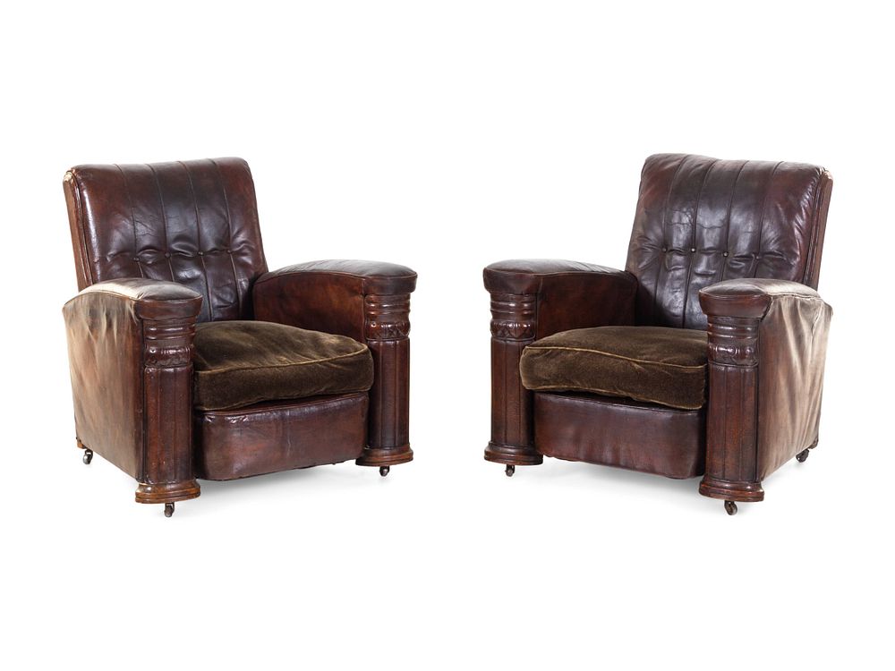 Appraisal: A Pair of French Leather and Mohair Upholstered Club Chairs