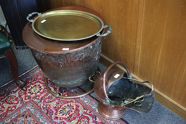 Appraisal: AN OLD COPPER LOG BIN of riveted construction with tubular