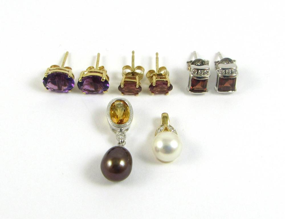 Appraisal: TWO PENDANTS AND THREE PAIRS OF EAR STUDS including a