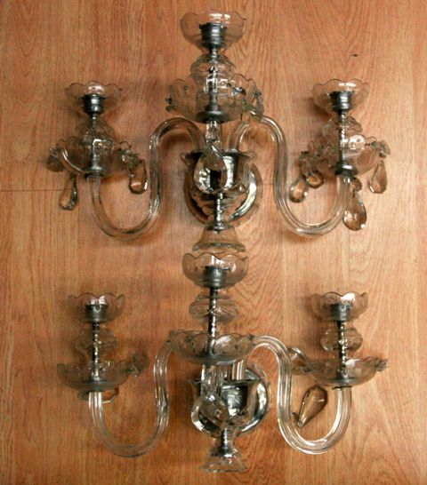 Appraisal: A pair of three branch Bohemian crystal wall sconces