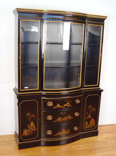 Appraisal: DREXEL CHINOISERIE CHINA CABINET Greek key molded top bowed center