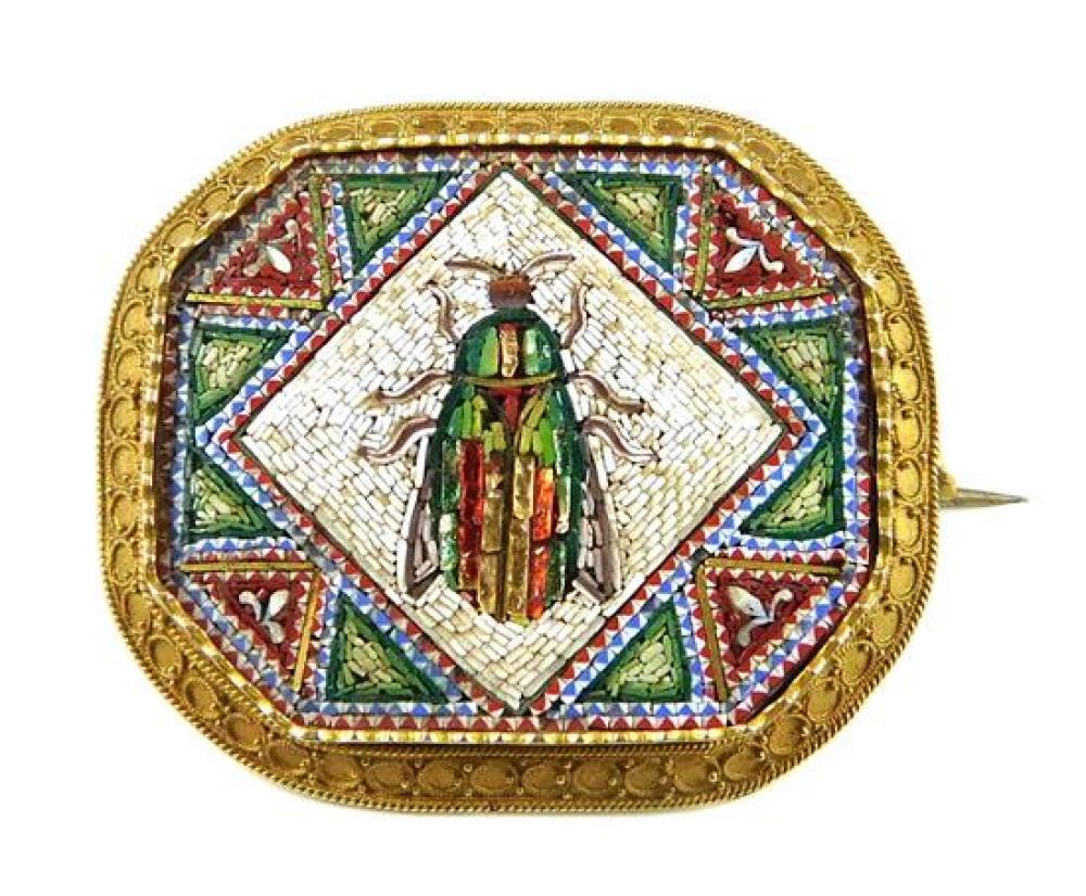 Appraisal: JEWELRY K Egyptian Revival Scarab Micromosaic Pin octagonal shape with