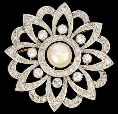 Appraisal: A Platinum Diamond and Pearl Brooch Platinum open flowerhead design